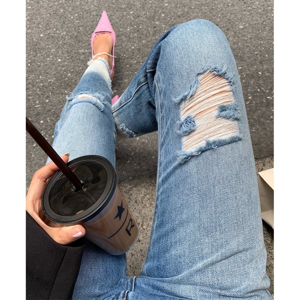 Two Tone Washed Ripped Ankle Straight-Leg Mid Rise Cropped Jeans